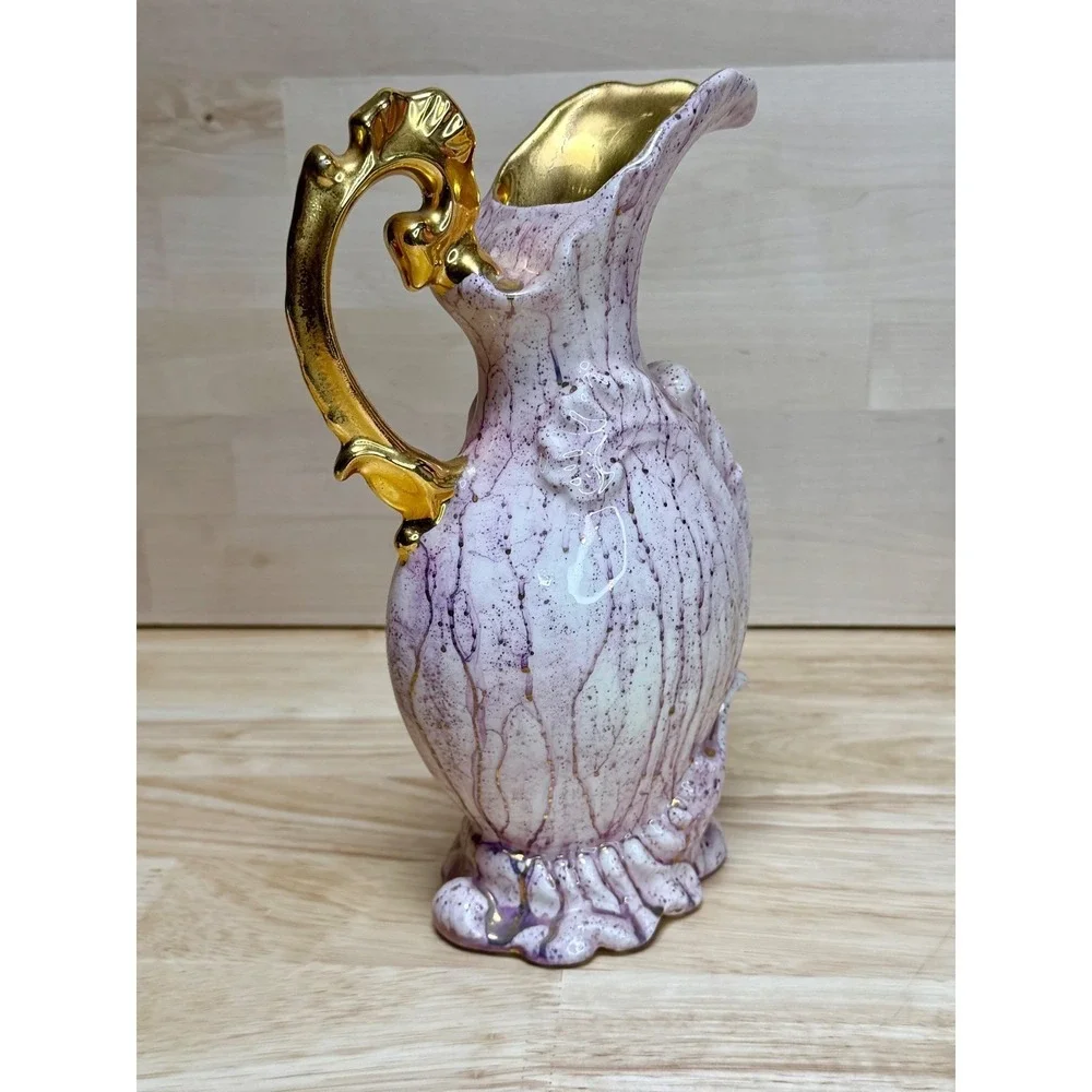 VTG Pink Gold Gilt Ceramic Ewer Pitcher Vase Hollywood Regency Drip Glaze signed